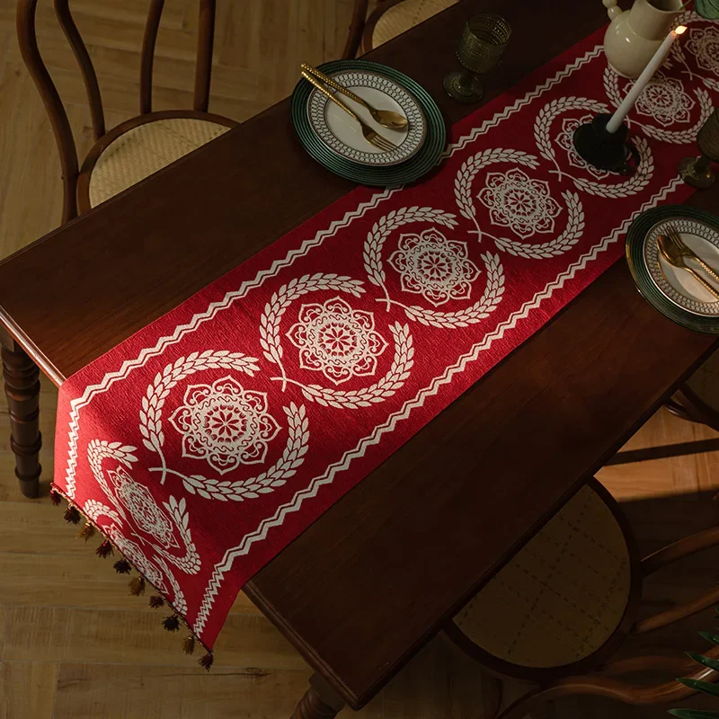 Vintage Woven Jacquard Table Flag Homestay Dining Table Tea Room Light Luxury Table Flag Polyester Floral Tassel Table Flag