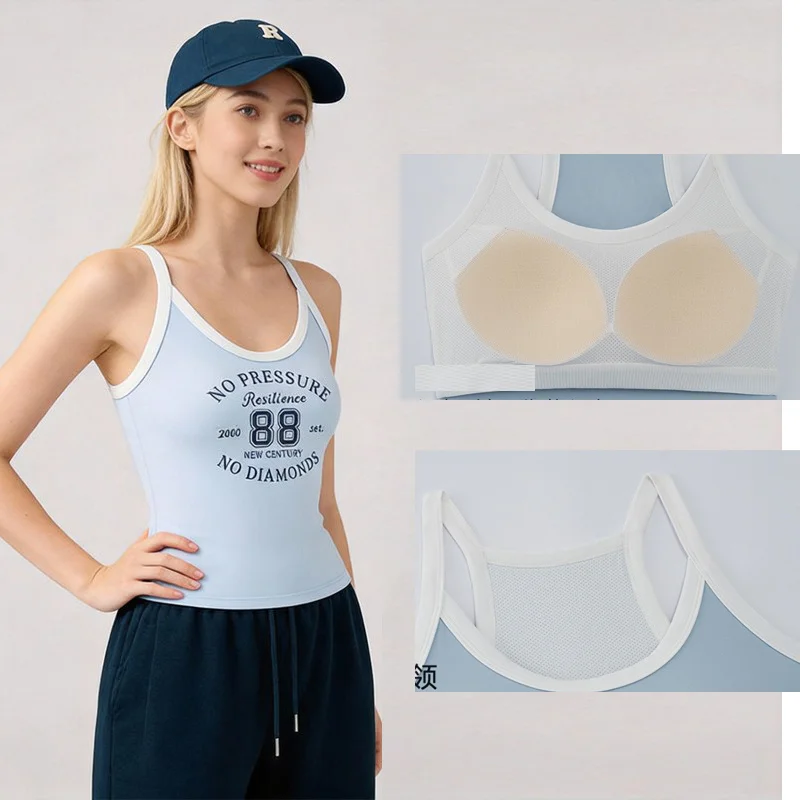 Aiithuug Build in Bra Cami Tank Yoga Letter Front Y2K Sports Running Crop Top Quick Dry Workout Bra Active Gym Camisole Fitness