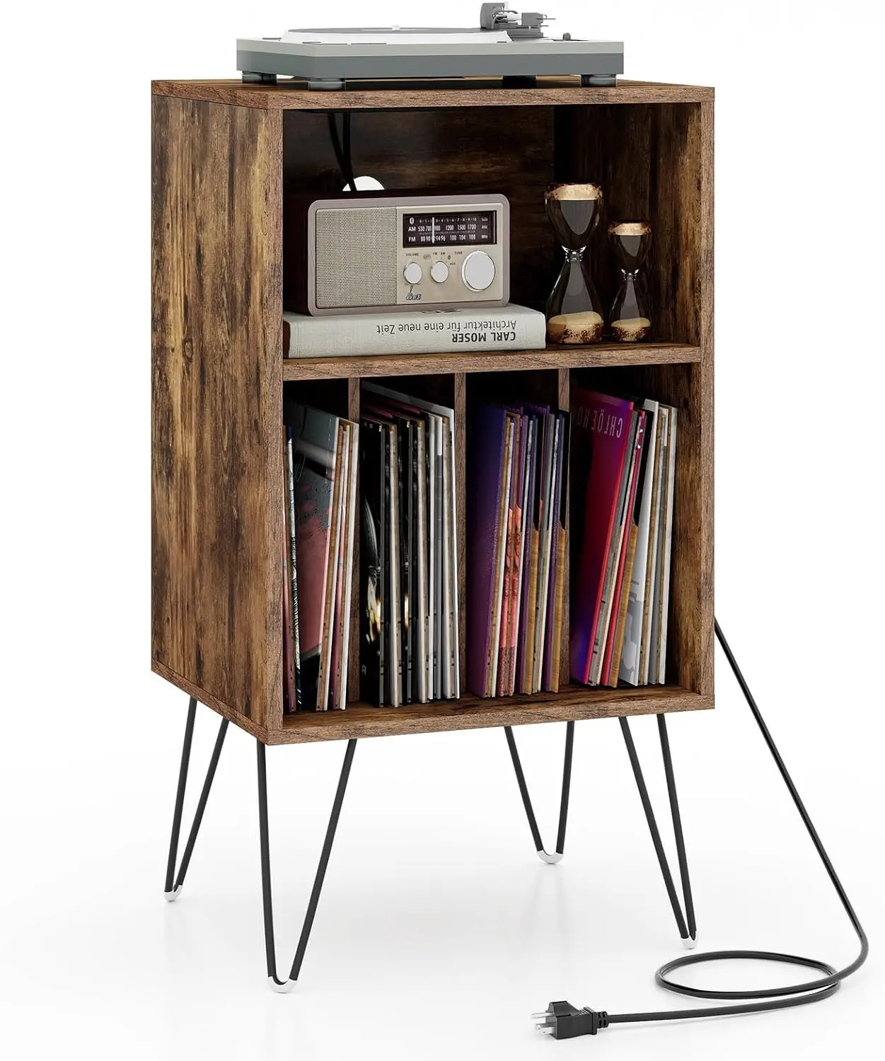 

Record Player Stand with Charging Station, Turntable Cabinet with Record Storage & Metal Legs, Vinyl Record Storage Cabi