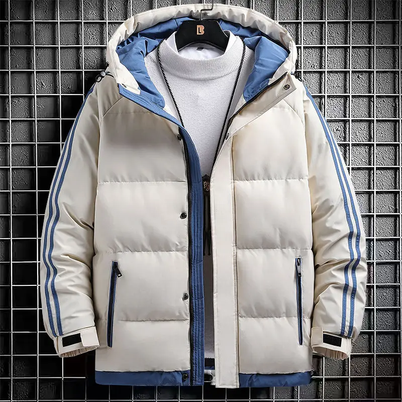 Men Jacket Stripe Fashion Color Matching Warm Thick High Street Hooded Zipper Cotton-Padded Coat Oversize Drawstring Parka Coat