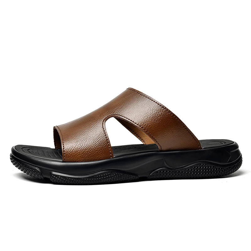 Men's Leather Slide Sandals Non-slip Thick Sole Casual Slippers Summer Outdoor Beach Shoes Breathable Lightweight Footwear