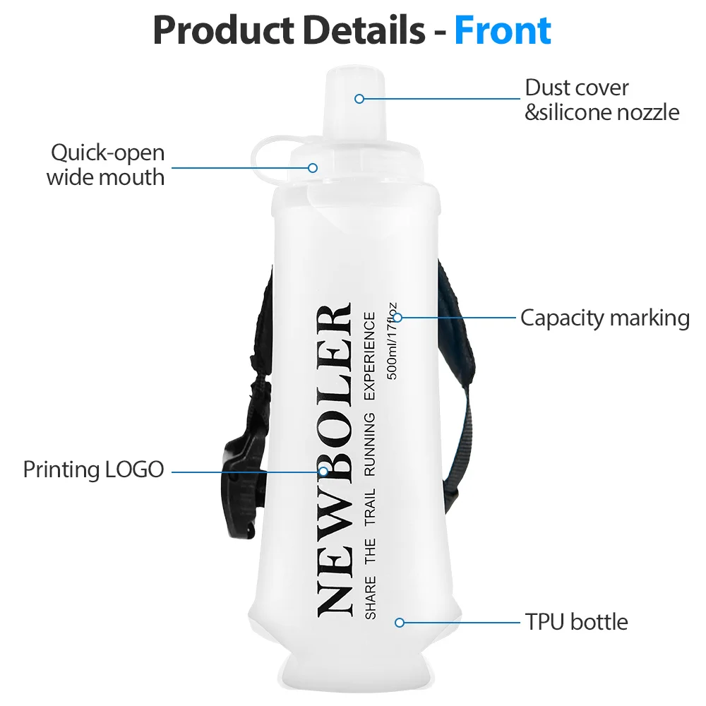 Weiche TPU-Wasserflasche, 500 ml, ultraleicht, faltbar, mit Armband, fest, rutschfest, für Outdoor-Sport, Wasserbeutel, weiche Wasserflasche – Detail 11