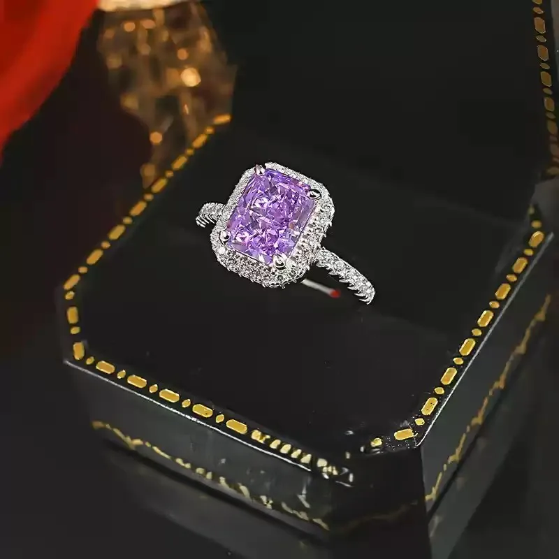 Fashion Jewelry S925 Pure Silver New European and American Hot Selling High Carbon Diamond Ring 7 * 9 Ice Flower Cut Purple Diam