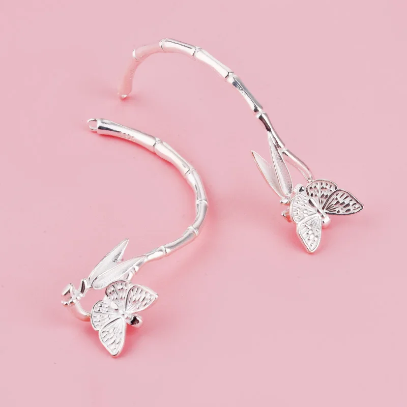 S925 sterling silver curved tube, a niche Baroque-style butterfly branch bamboo joint DIY half bracelet accessory