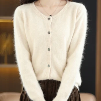 Women's O-neck 100% Mink Cashmere Cardigan Autumn New Knitted Jacket Short Casual Large Size Female Coat Warm Base Shirt Tops