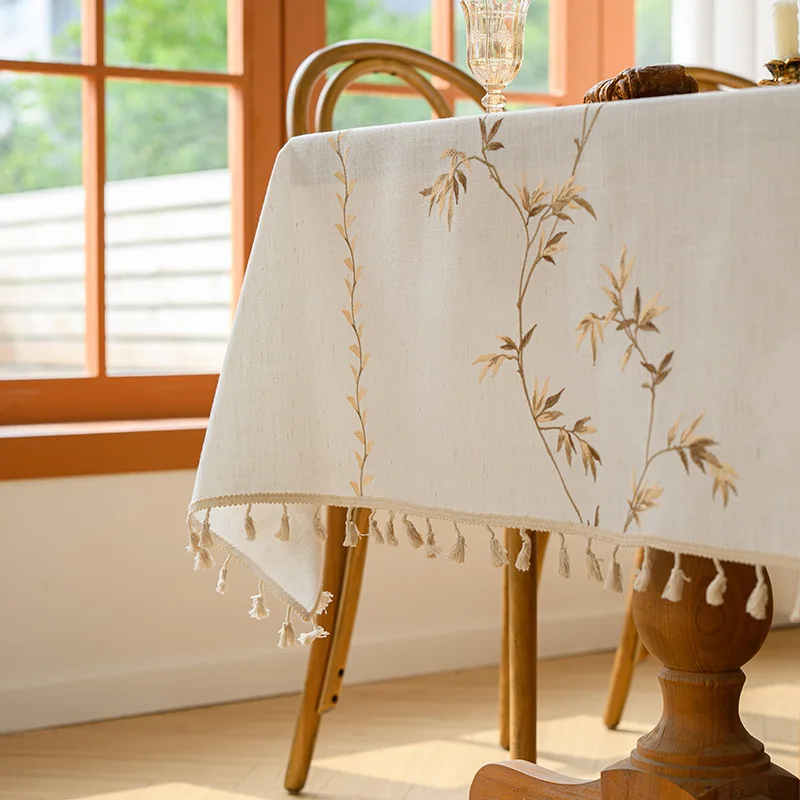 Embroidered Tablecloth Golden Coffee Bellflower Asparagus Fern Wheat Ear Pattern Rectangular Linen Cotton