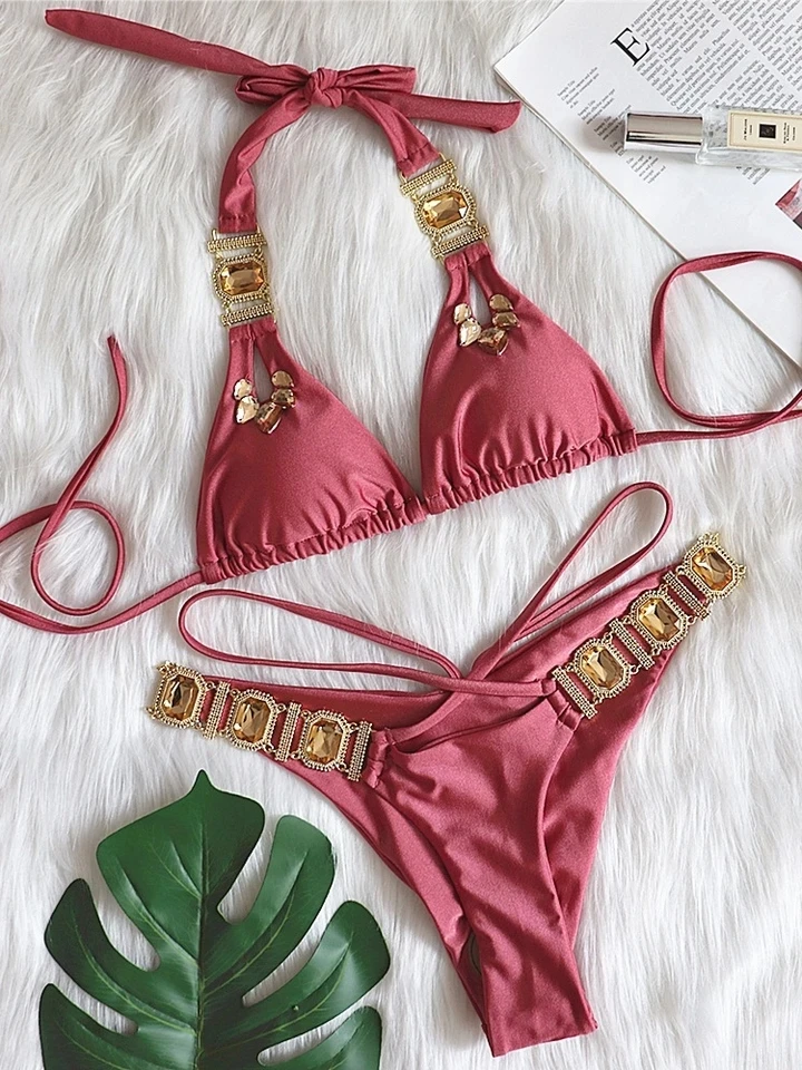 

Bikini Set Women's Sexy Rhinestones Solid Color Push Up Glitter 2 Piece Swimsuit Bathing Suit Thong Swimwear 2025 New