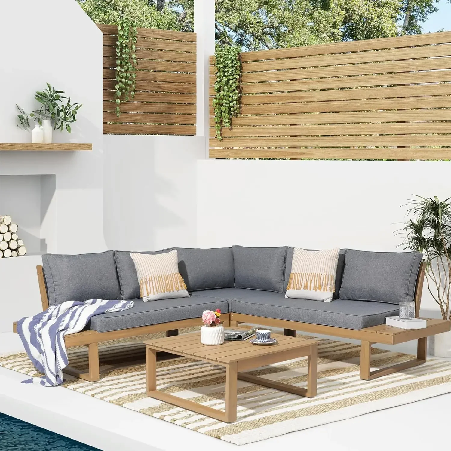 4 Piece Acacia Wood Patio Furniture L-Shaped Outdoor Sectional Sofa Set with Coffee Table, FSC Certified Conversation Set