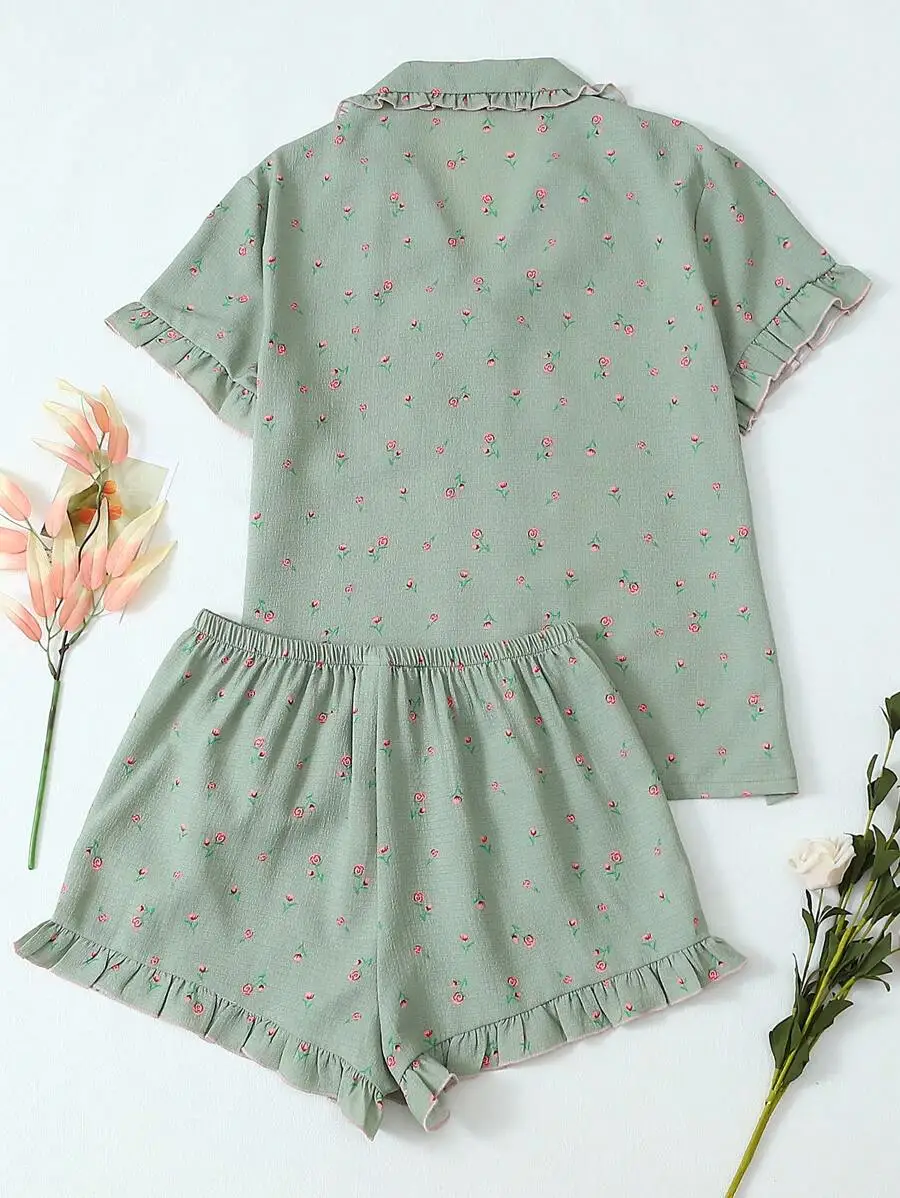 

Women Floral Print Short Sleeve Collared Pajama Set With Ruffle Trim Shorts