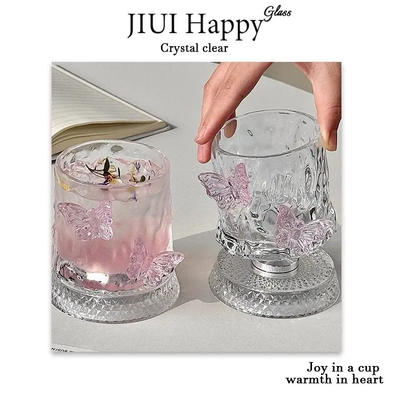 Pink Butterfly WhiskeyGlass with Swirling DesignPink Butterfly Decoration,Premium Sensation Wine Glass Gift Box Mugs Coffee Cups