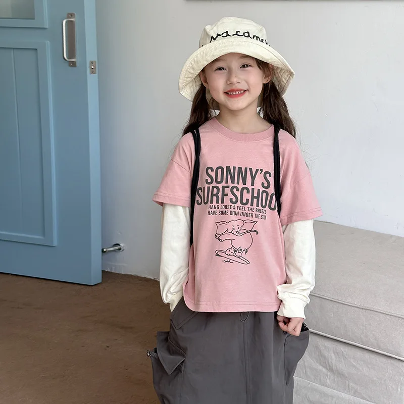 Kinderkleding Kids Casual T-Shirt 2024 Herfst Meisjes Top Koreaanse Stijl Kleur Cartoon Letters Nep Twee Modieuze T-Shirts