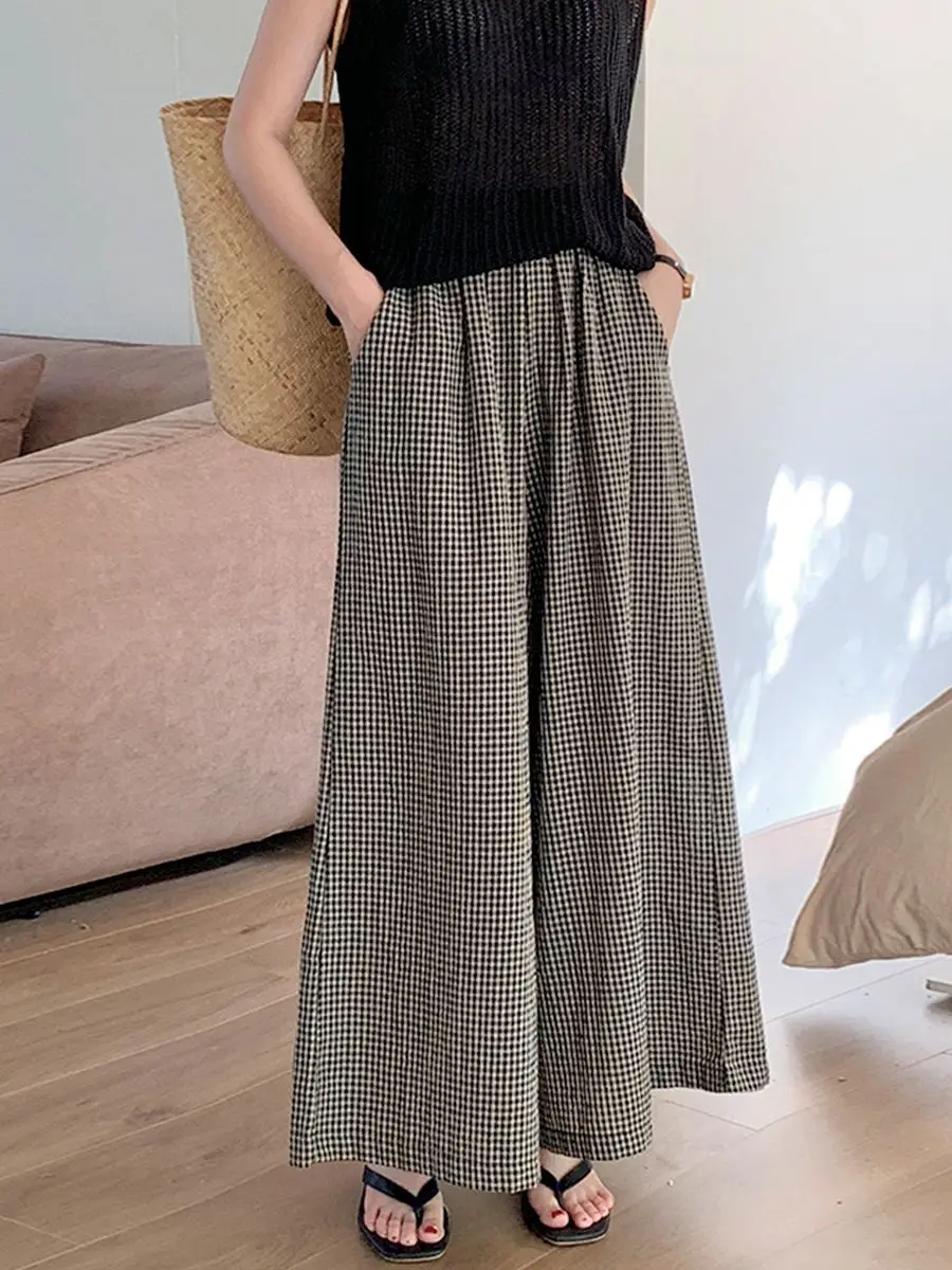 Vintage checked pants women stylish side leg pant elegant high waist office trousers casual loose women grid pantalon