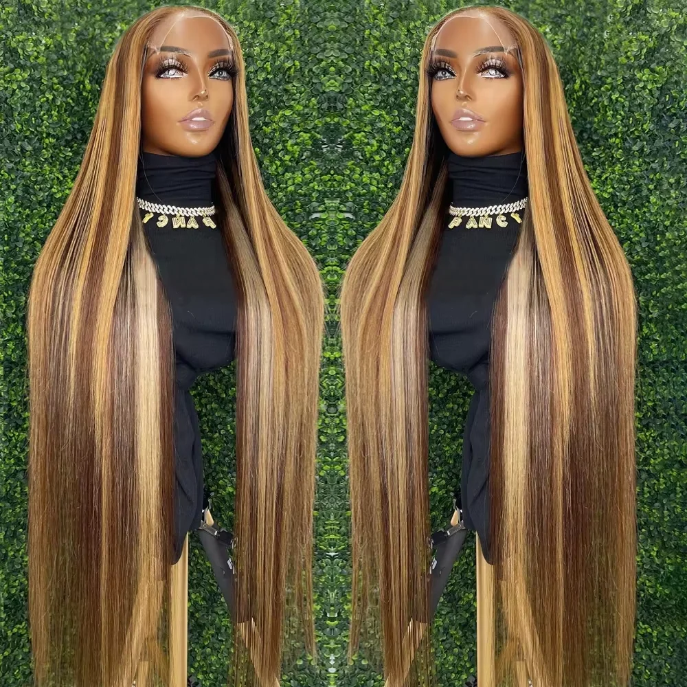 30 32 Inch Ombre Highlight 250% Density 13x4 HD Lace Front Human Hair Wigs Straight Honey Blonde Peruvian Glueless Frontal Wigs
