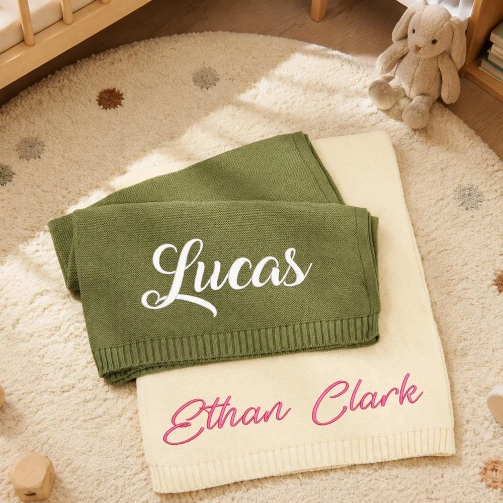 Embroidered Custom Name Baby Knit Blanket, Multi‑Color Soft Infant Crib Stroller Blanket, Unique Keepsake Baby Shower Present