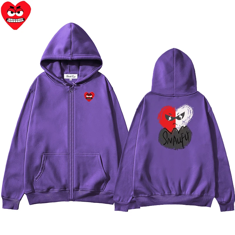 Two Tone Cracked Egg Printing Men Women Zipper Hoodie Cool Cute Snag Heart Embroidery Polyester Pocket Loose Thin Autumn Sweater