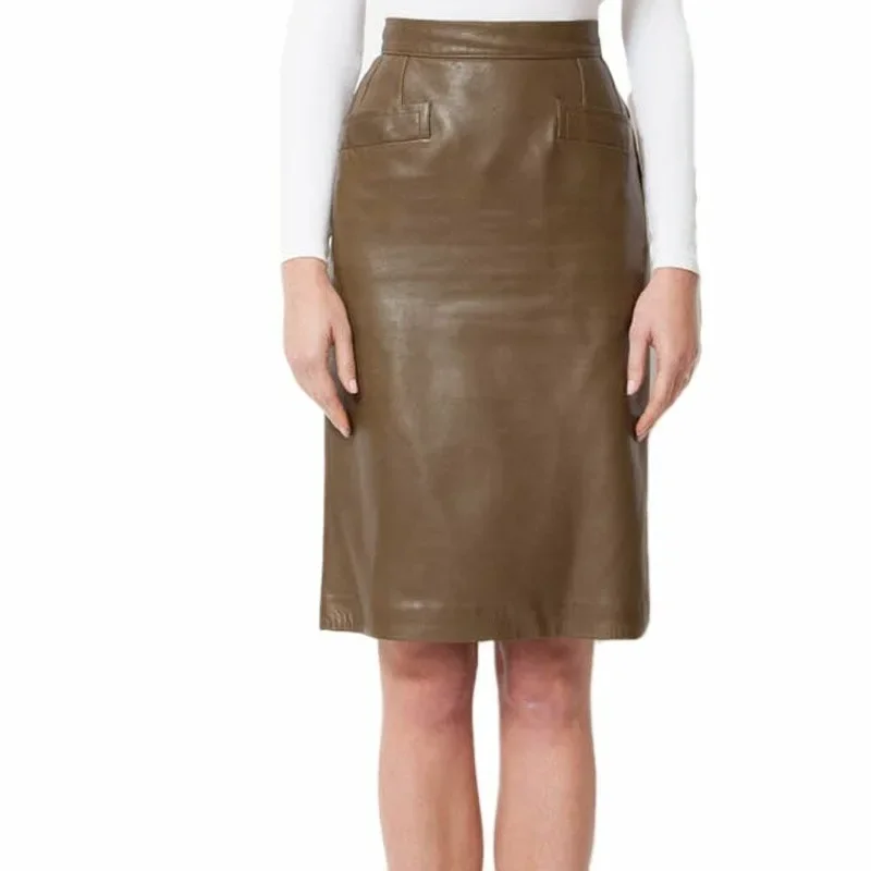 Women's Genuine Lambskin Real Leather Skirt Soft Below Knee Length Pocket Skirt