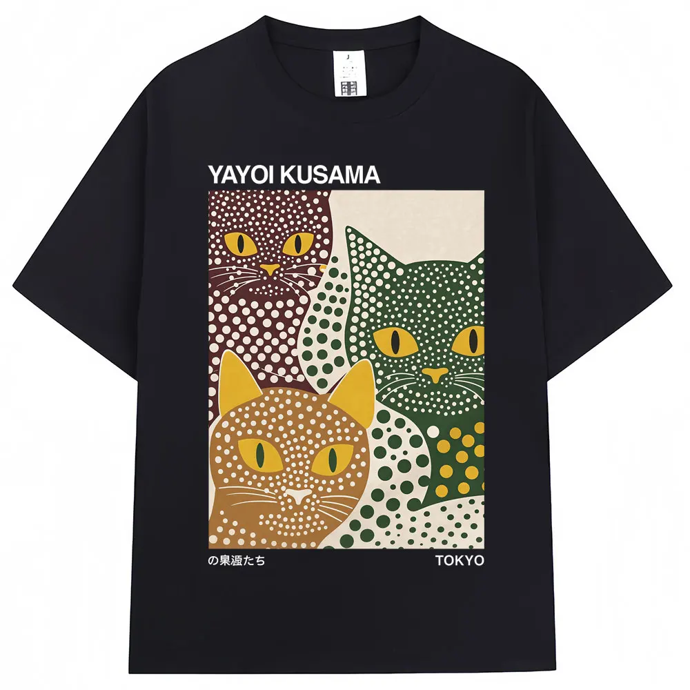 Japanese Style Yayoi Kusama Artist Polka Dot Cat T Shirt Men Women Unique Art T-shirt Oversized Cotton T-shirt Y2k Streetwear