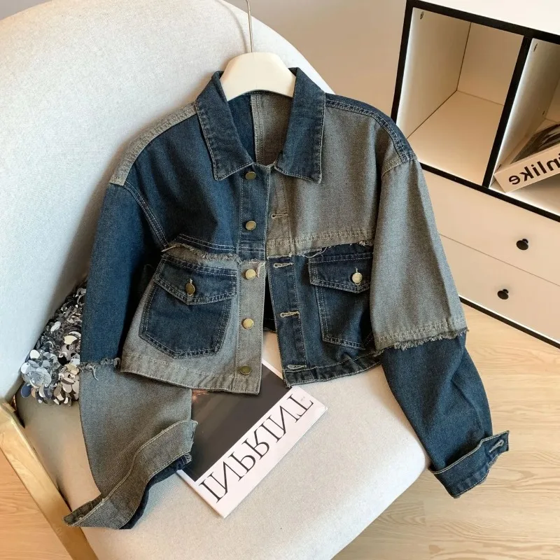 Women Vintage Patchwork Denim Jacket Cropped Loose Raw Edge Jean Coat For Spring Autumn