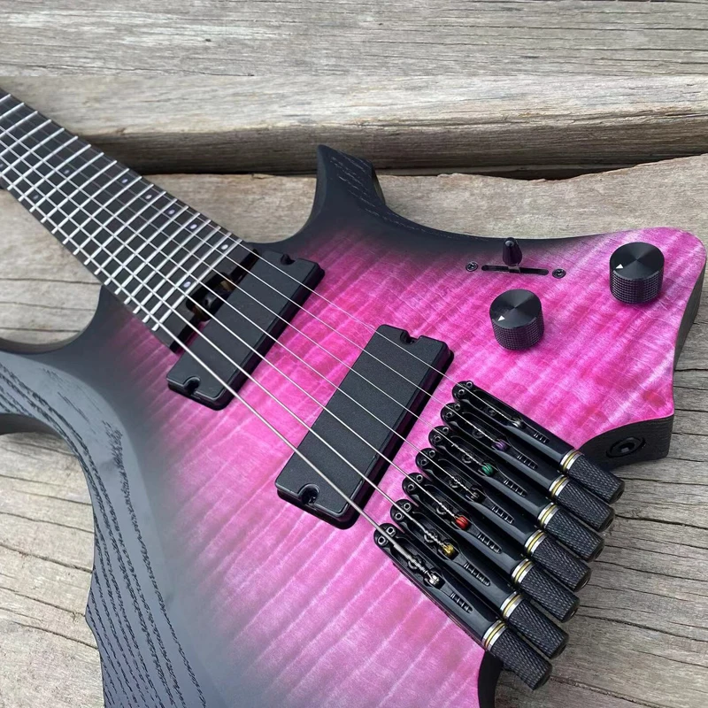 7 String Purple Flame Maple Top Headless Electric Guitar Ebony Fretboard 9 Piece  Neck Fanned Frets Active Pickup Ash Body