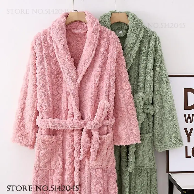 Thick Warm Flannel Couple Sleepwear Long Robe Home Dress Autumn Winter Unisex Bathrobe Kimono Gowm Loose Coral Fleece Nightwear