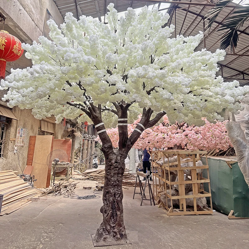 

Белое искусственное комнатное дерево с изогнутым деревянным стволом, имитация вишни, для декора ресторанов, отелей, дома, искусственное цветущее дерево