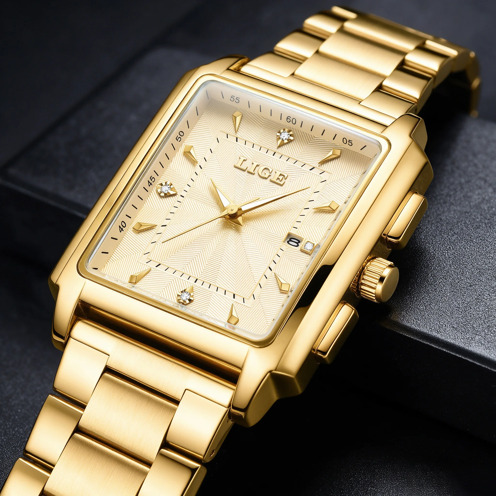 LIGE Luxury Golden Man Wristwatch Square Quartz Men Watch Waterproof Luminous Stainless Steel Men's Watches Male Reloj+box