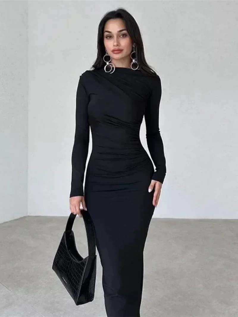 2024 Spring Women\'s O-neck High Waist Folds Long Dress Streetwear Winter Office Lady Solid Tunics Bodycon Evening Party Dresses