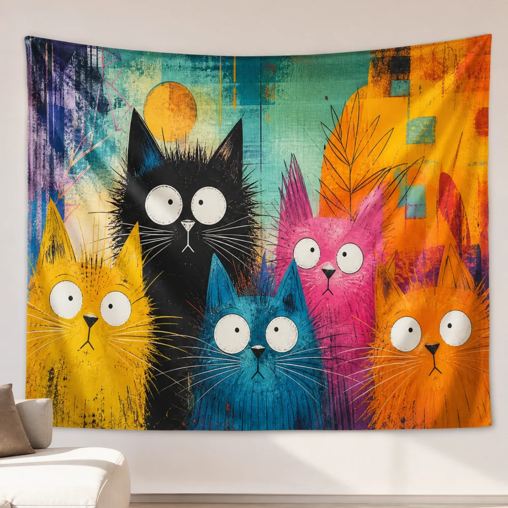 Vintage texture contrasting plush cat tapestry 150X100CM suitable for warm and artistic wall background fabric in living rooms