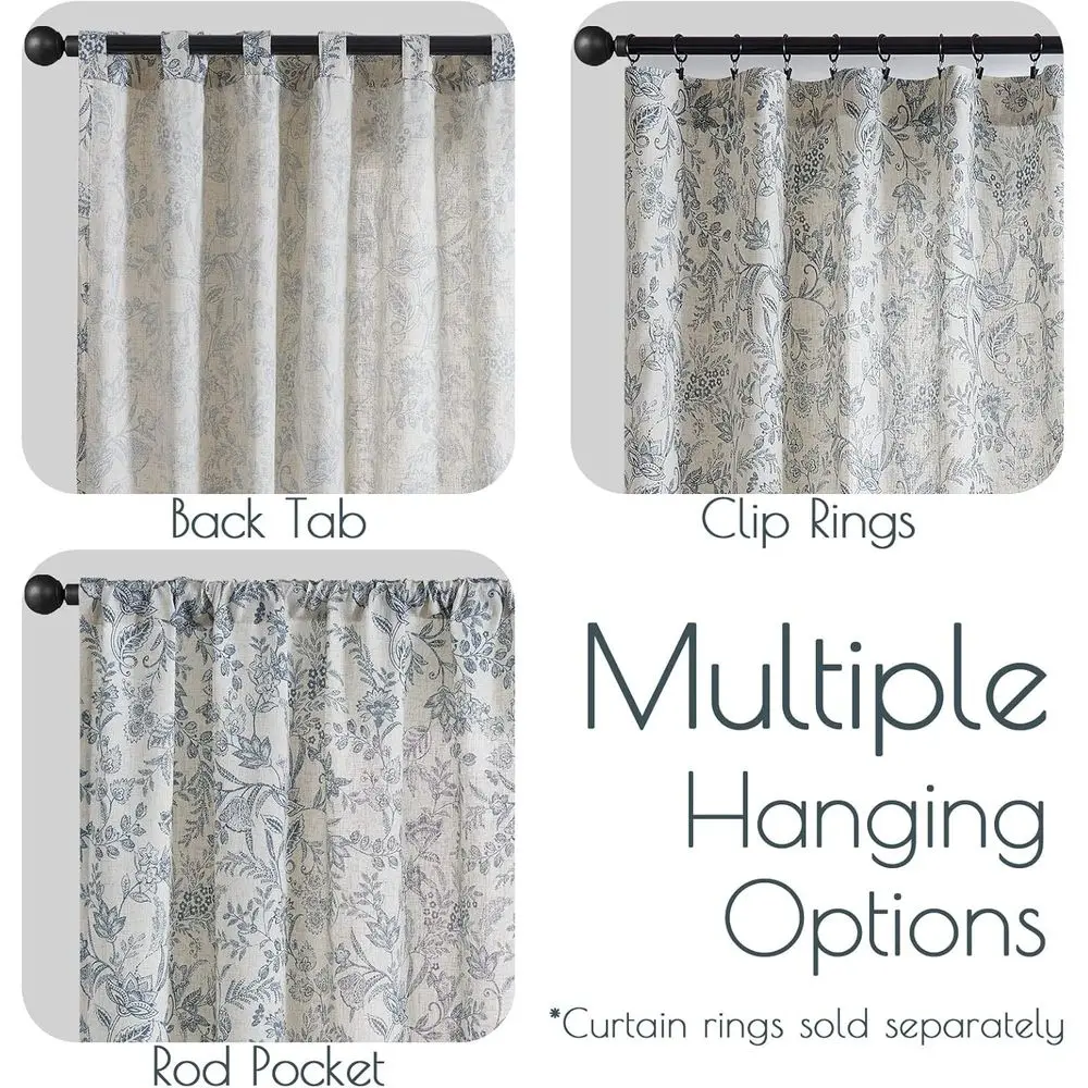 Rideaux de ferme en lin bleu floral 90 avec onglets arrière pour salon, chambre à coucher, filtrage de la lumière, style vintage, ensemble de 2 panneaux, Bl