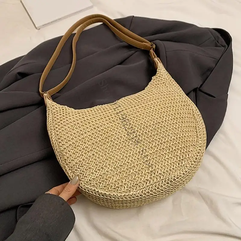 

Women Straw Beach Bag Simple Crossbody Bag Woven Handmade Shoulder Bag Daily Bag 066F