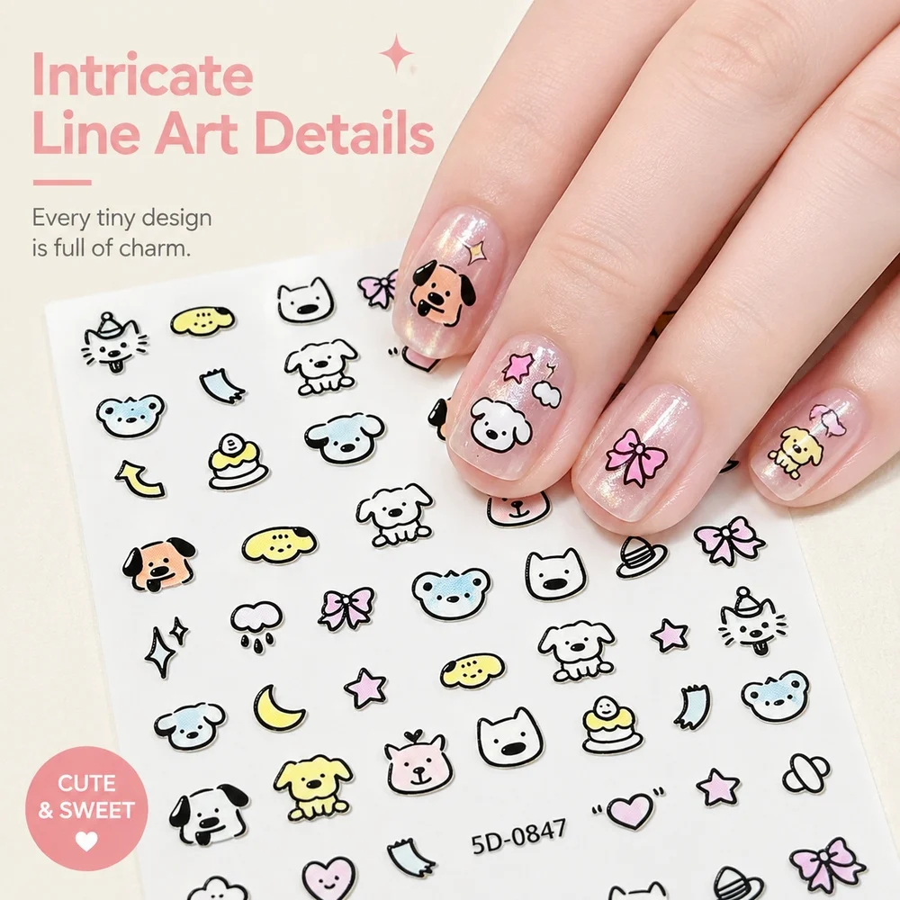 1Pc Line Art Cartoon Dog 5D Nail Stickers Embossed Mixed Bear Cat Moon Element Self‑Adhesive Decals For Beginner Nail Art Decor