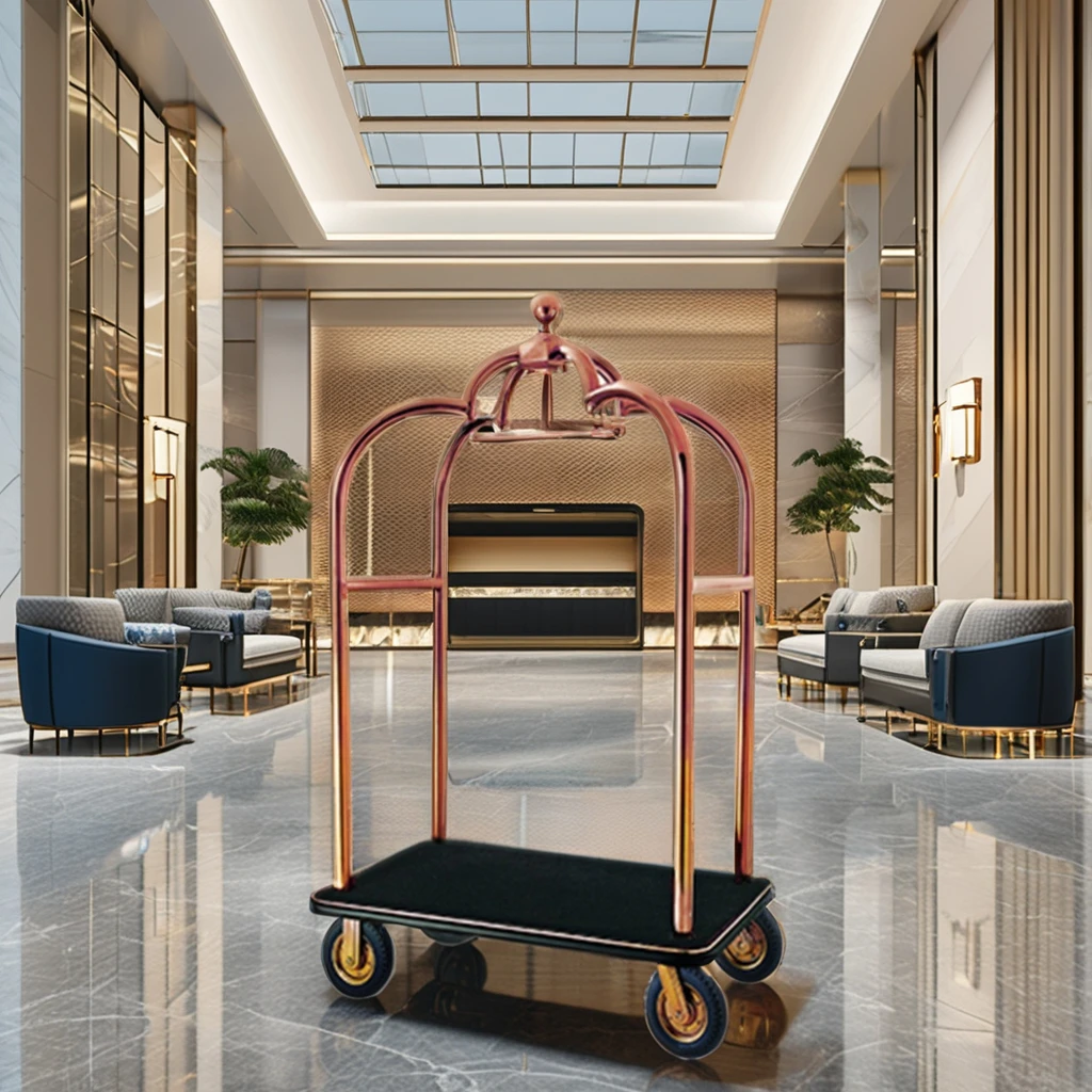 

Luxury Steel Luggage Trolley Cart Modern Design Golden Top Baggage Cart For Hotel Airport Service