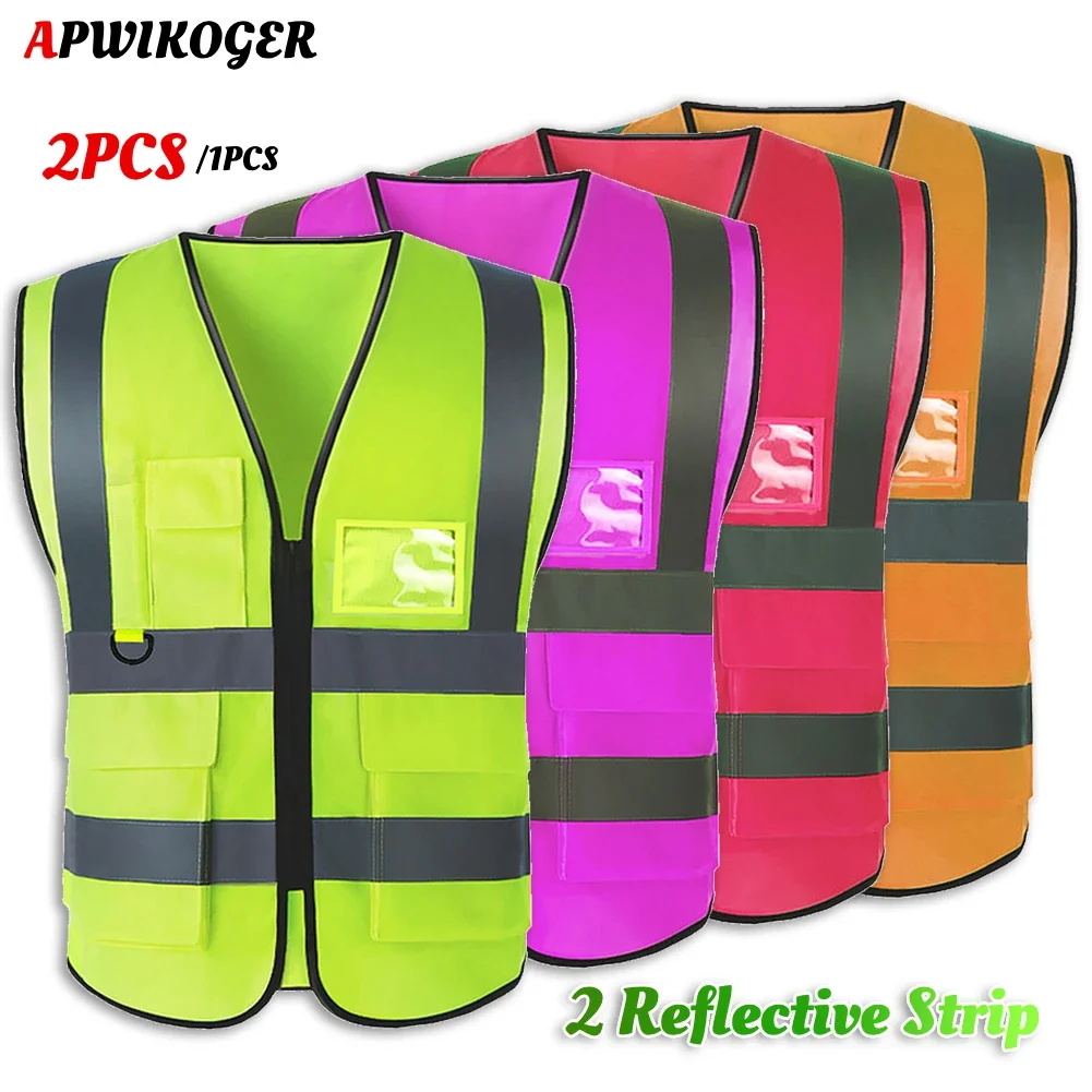 1/2pcs Multi-pocket High Visibility Jacket Security Reflective Vest 2-Strip Reflective Traffic Vest Railway Miners Driver Worker