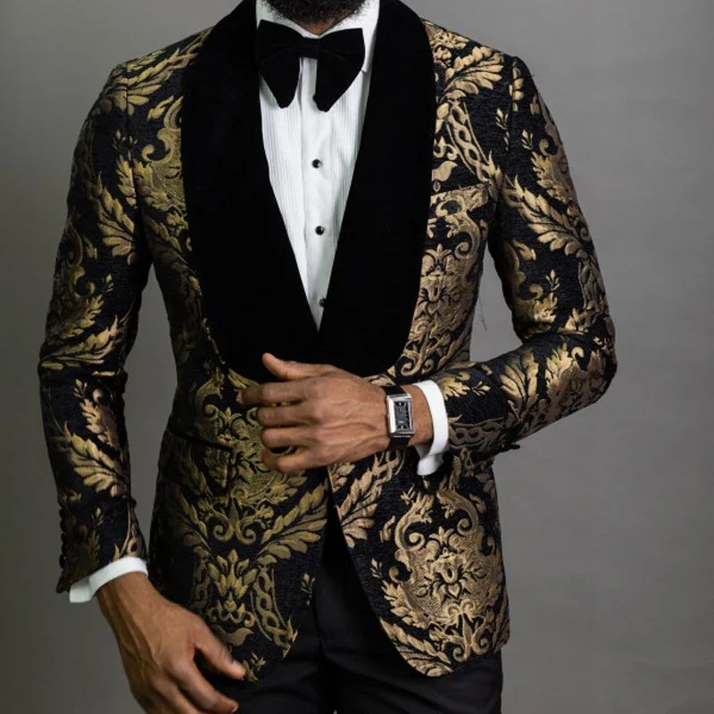 Floral Jacquard Blazer for Men 1 Piece Male Suit Jacket with Velvet Shawl Lapel Slim Fit for Prom African Fashion Wedding Groom