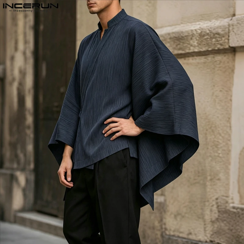 INCERUN Herrenhemd, einfarbig, Oversize, V-Ausschnitt, mit Schnürung, locker geschnitten, lässige Herrenbekleidung, Streetwear, Vintage-Look, langärmeliges Oberteil für Herren, Hemden.