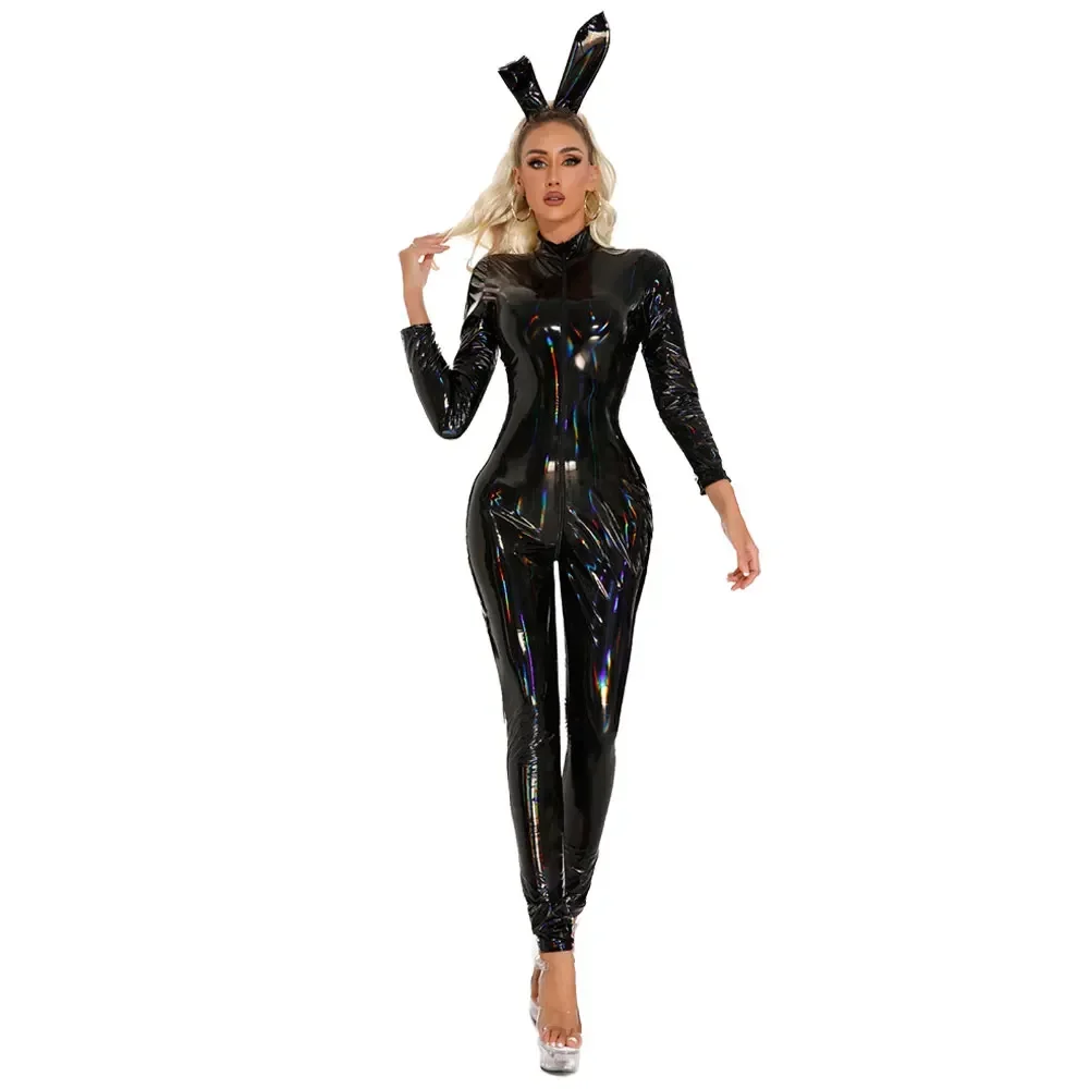 

Женский латексный комбинезон, черный комбинезон с мокрым эффектом, комбинезон из ПВХ, искусственная кожа, блестящий кожаный комбинезон, сексуальное открытое боди на молнии