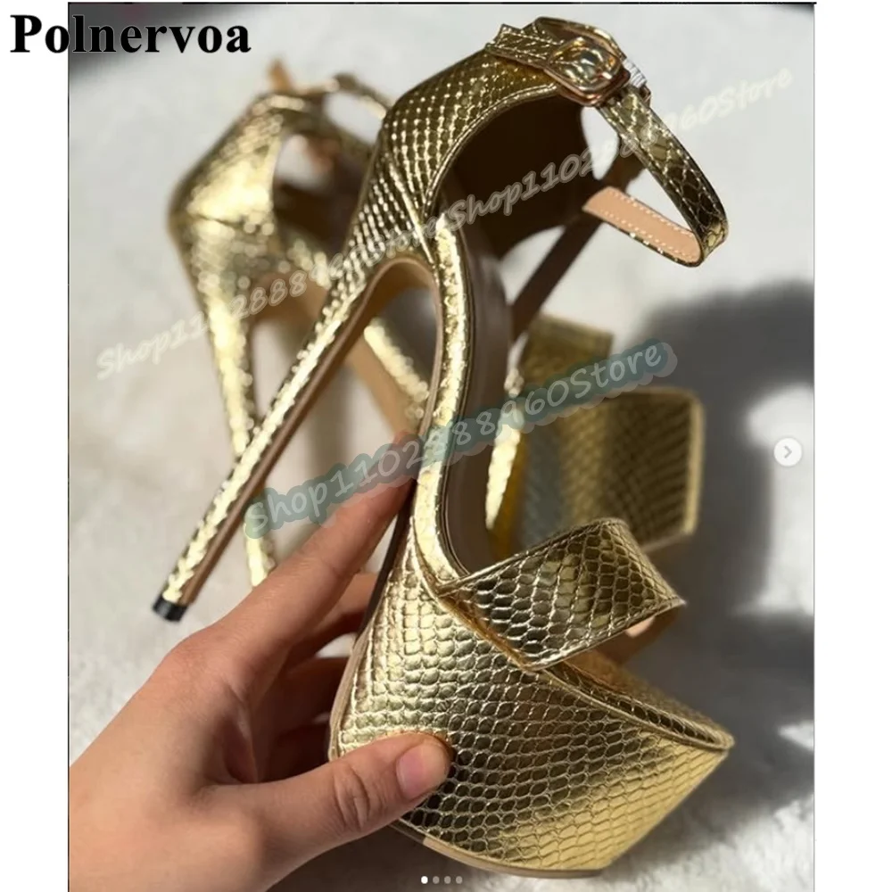 

Elegant Metallic Gold Snake Skin Platform Sandals Stilettos High Heel Women Shoes Ankle Buckle Strap Open Toe Occidental Sandals