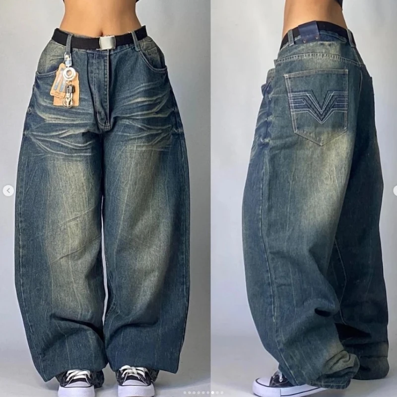 2026 New American Harajuku Retro Straight High Waist Y2K Street Style Women Washed Blue Pockets Baggy Jeans Gothic Wide Pants