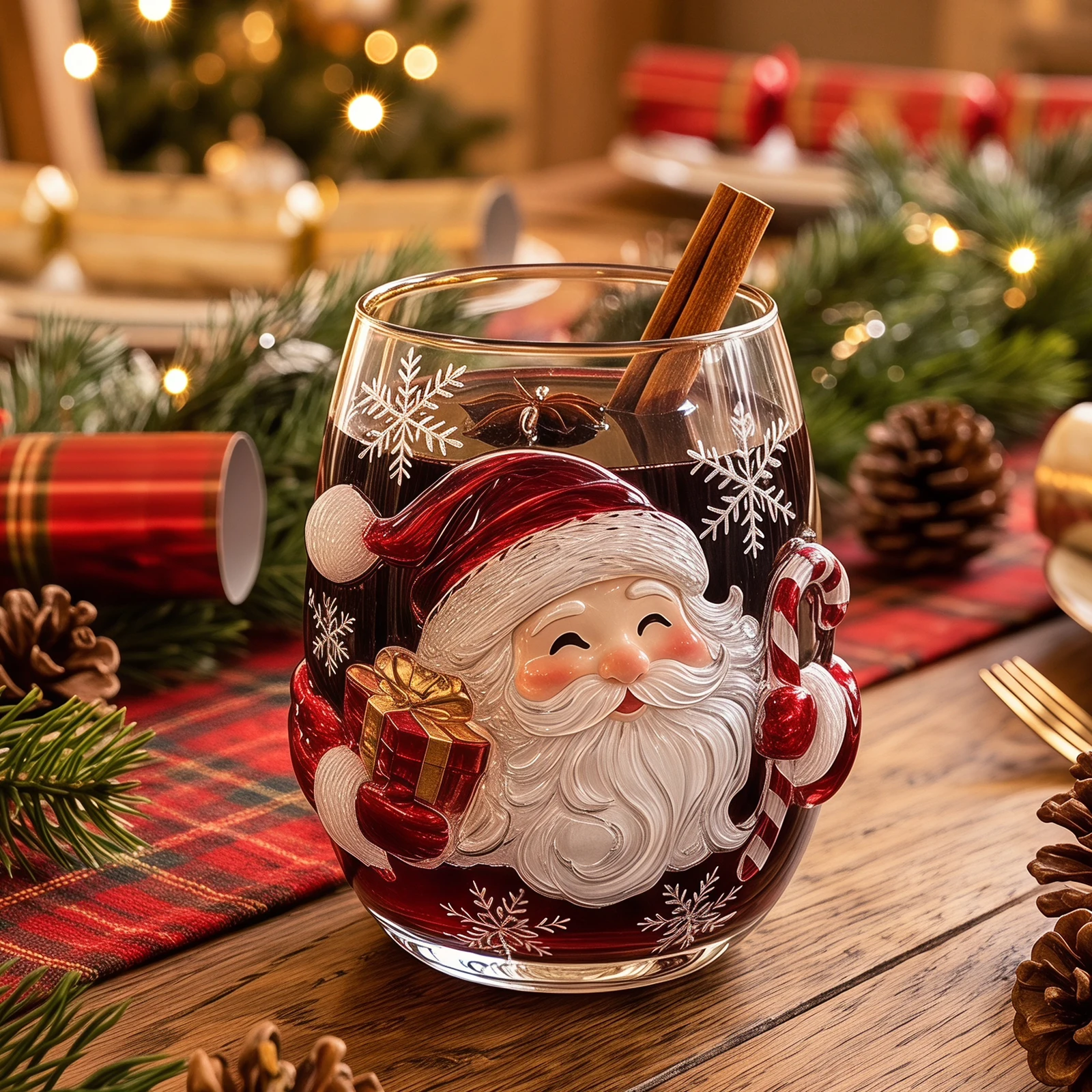 Elegant Christmas Glass Art Cup Stemless Drinking Glasses with Santa Reindeer Snowman 3D Embossed Pattern Ideal for Holiday Gift