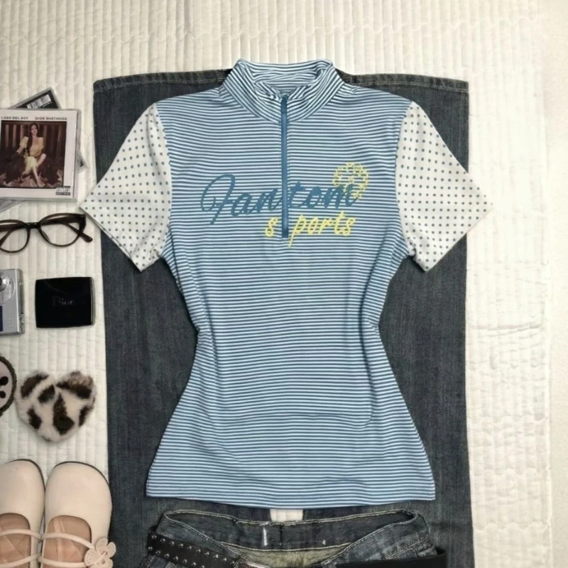 Y2k Vintage Blue White Striped Polka Dot Patchwork Tops Women Letter Print Slim T-Shirt Summer Sporty Preppy Style Fashion Tees