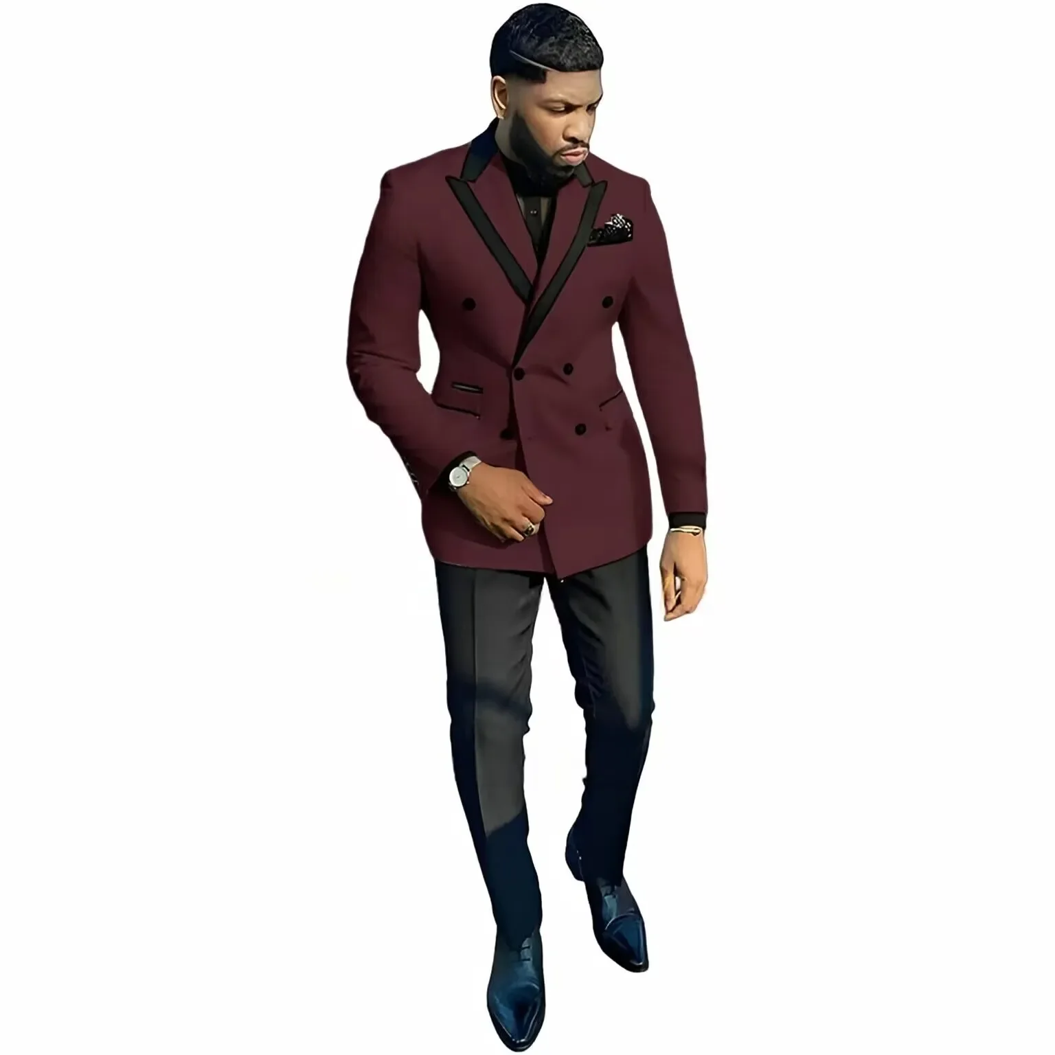 Traje de 2 piezas de boda a la moda para hombre (chaqueta + pantalones), solapa de satén, doble botonadura, esmoquin Formal eleg