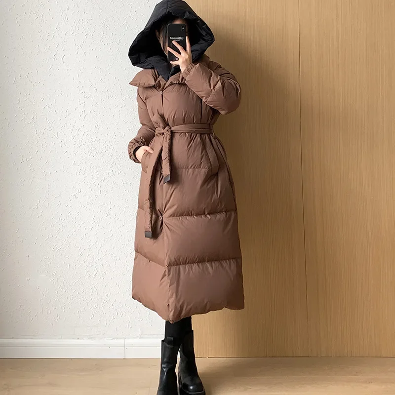 Winter Women Fake Two-piece Detachable Hooded Puffer Jacket Luxury Long 90% White Duck Down Coat Thick Warm Windproof Snow Parka