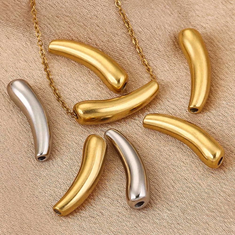 

5pcs Gold Plated Stainless Steel Eggplant Curved Tube Beads Pendants for DIY Necklaces Jewelry Making Supplies Accessories
