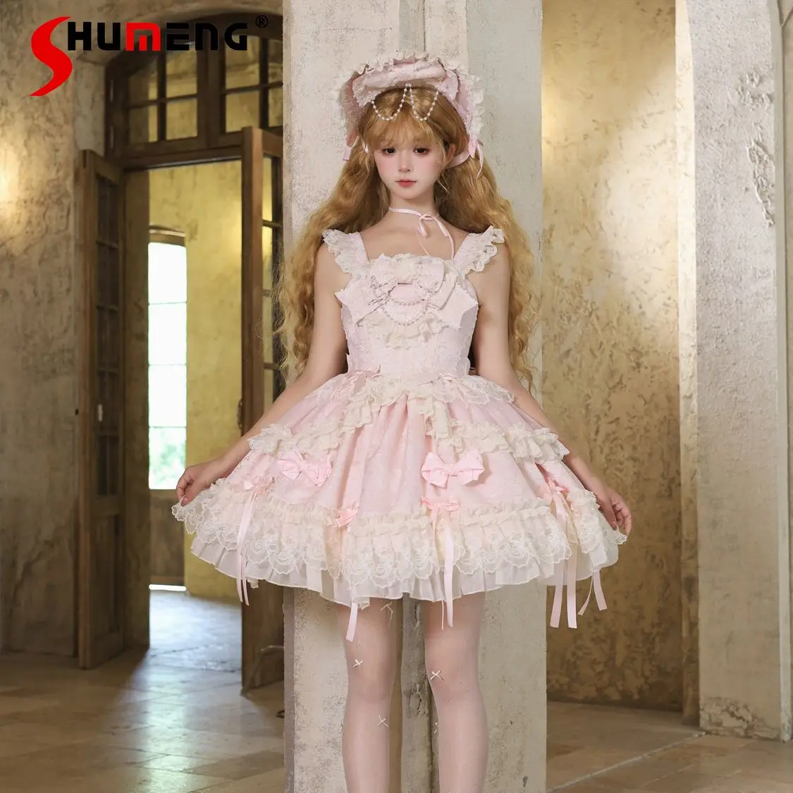 

Pink Lolita Style Princess Tea Party Dress Set Summer 2025 New Japanese Girls Woman Slim Elegant Lace Bow Birthday Dress Jsk