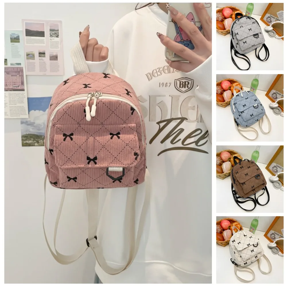 New Mini Backpack Bowknot Printed Sweet Storage Bag Corduroy Ins Rucksack Women