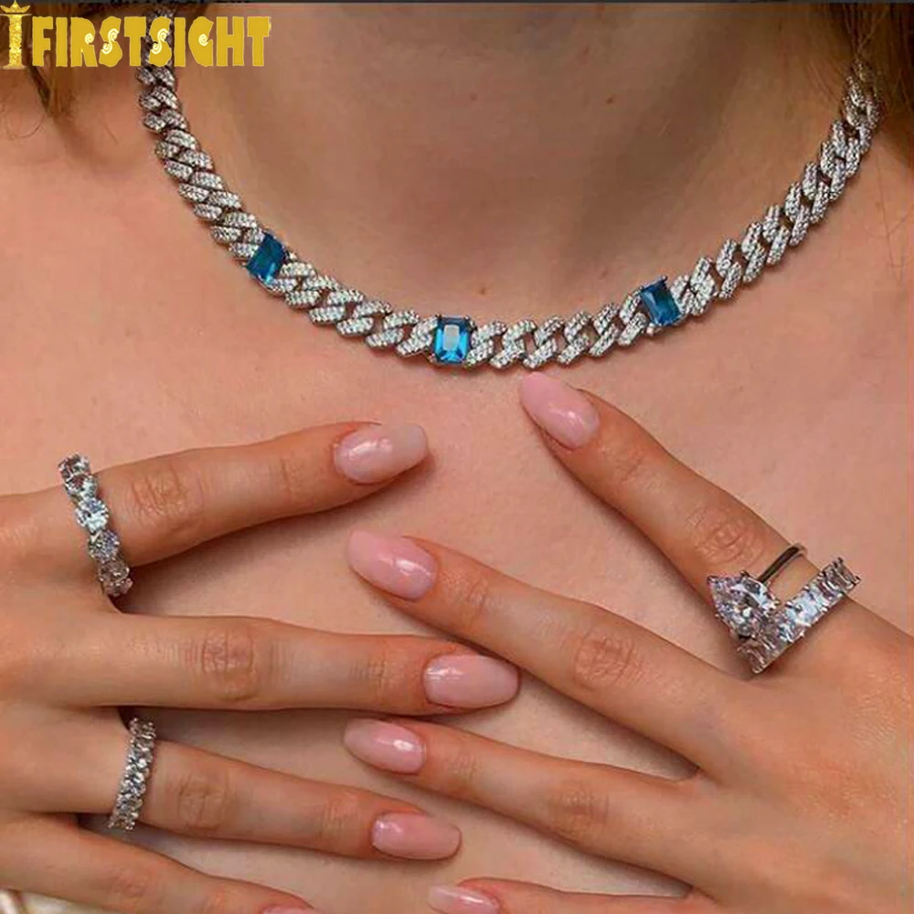 

New 9mm Iced Out Bling 2 Row CZ Choker Silver Color Cuban Chain Big Bule CZ Stone Charm Bracelet For Women Hip Hop Jewelry Set