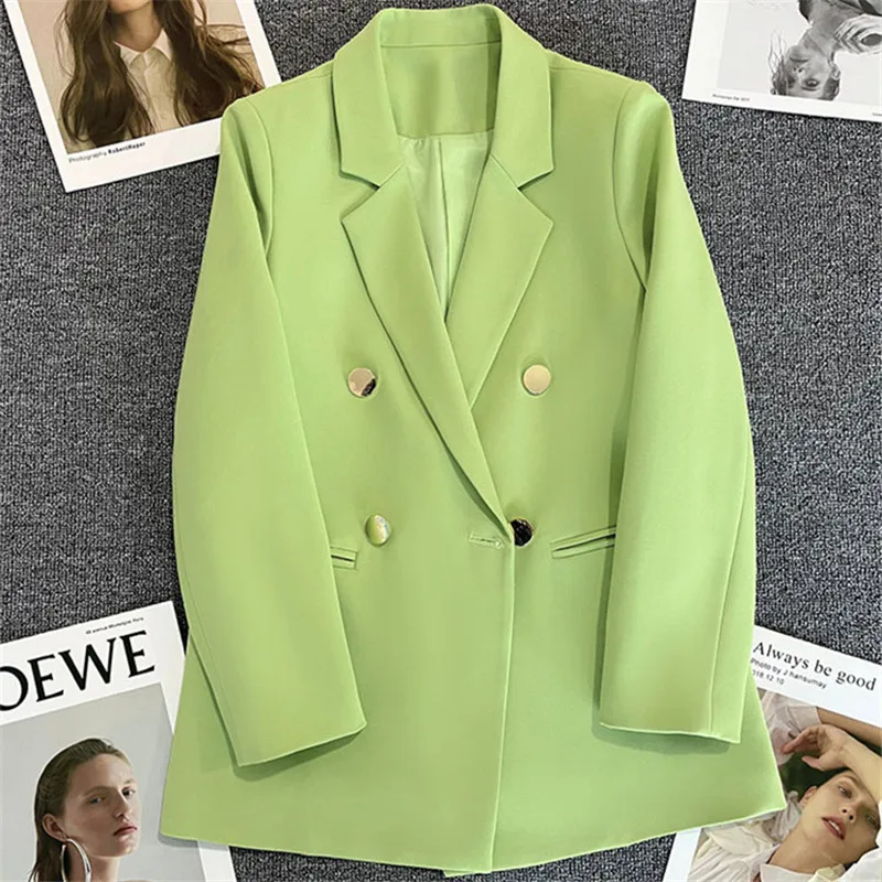Chique blazer mulher outono primavera manga longa duplo briefsed lapela solto casaco fino jaquetas casuais senhoras do escritório vintage blazers