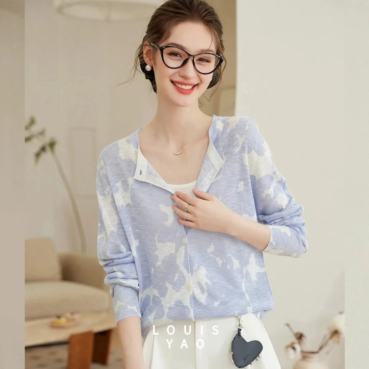 

LOUISYAO Printed Cardigan Long Sleeve Knitwear 2025 Autumn Micro Elastic Women's Top Round Neck Women's Knitted Sweater