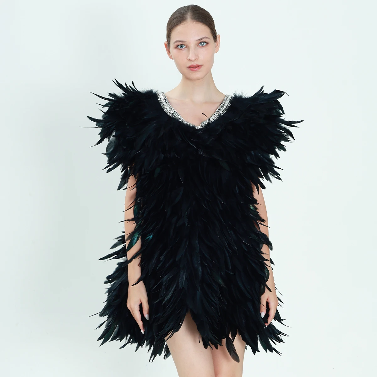 2025 New Fashion Women's Feather Dress Halloween Party Dance Performance Sexy Feather V-neck Sleeveless Vest Dress Short Skirt