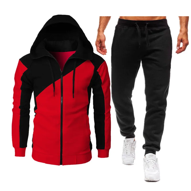 2024 autumn and winter sports two-color spliced jacket long sleeved long pants hooded casual sports men\'s suit